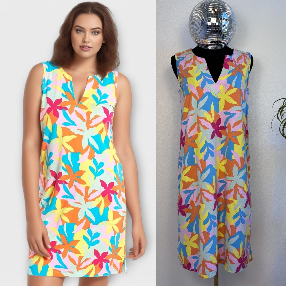 Lands End Floral Sleeveless Shift Dress, M/L Colorful Summer Beach cover‎ up